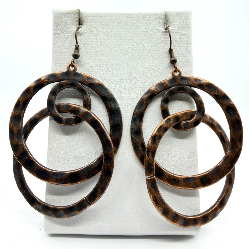 Vintage Boho Hammered Copper Interlocking Hoop Dangle Earrings